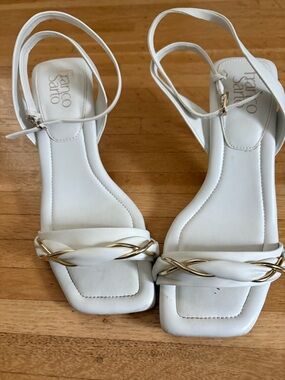 Franco Sarto White Square-Toe Slingback Sandals with Gold Accent